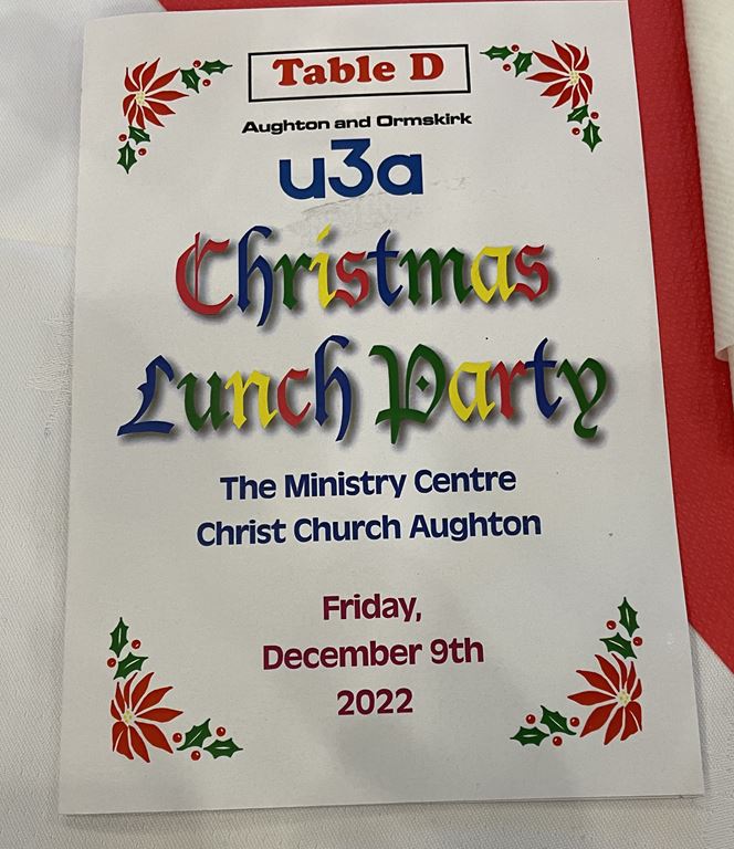 Front page of the u3a Christmas Lunch Party menu card
